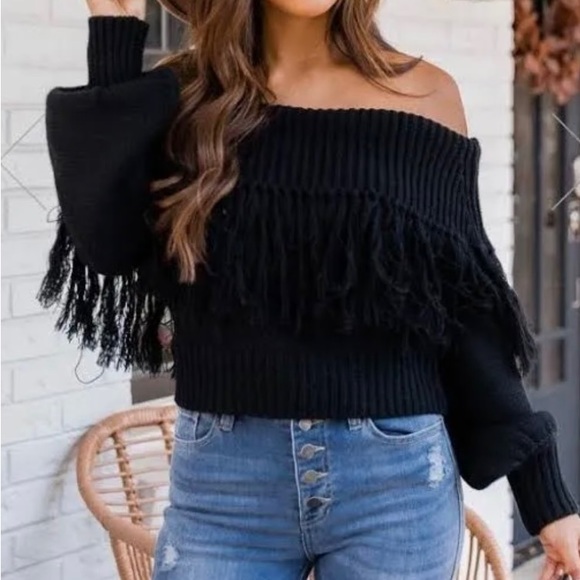 Pink Lily Sweaters - Pink Lily Black Fringe Off Shoulder Sweater